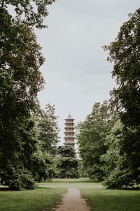 Aesthetic tower retro film grain, in Kew Garden, London