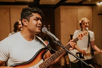 Guitarist recording in studio music HD photo