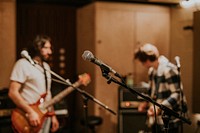 Guitarist recording in studio music HD photo