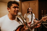 Guitarist recording in studio music HD photo