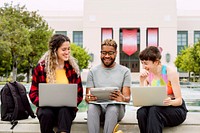 Diverse exchange students studying together at American university