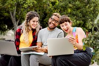 Diverse exchange students studying together at American university