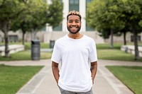 Man wearing white t shirt at university campus