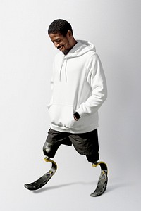 White hoodie mockup psd on male athlete with prosthetic leg