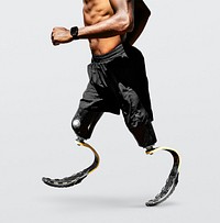 Man paralympic athlete running with prosthetic legs psd