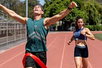 Man runner winnning with arms open, athletic race competition