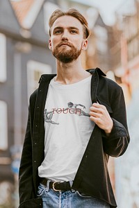 T-shirt mockup psd on bearded hipster man with jacket on top
