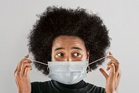 Woman putting on surgical mask psd, new normal lifestyle