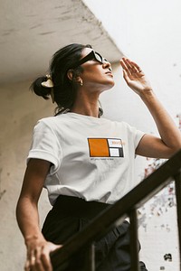 T-shirt mockup psd on Indian woman wearing sunglasses