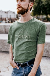 Green t-shirt mockup psd on beard hipster man