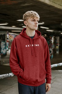 Men's hoodie mockup, red pullover, apparel fashion design psd