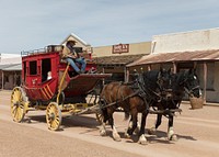 A stagecoach rumbles past in Old Tombstone in southeastern Arizona, once a hotbed of Old West gunfights and such at its O.K. Corral. Original image from <a href="https://www.rawpixel.com/search/carol%20m.%20highsmith?sort=curated&amp;page=1">Carol M. Highsmith</a>&rsquo;s America, Library of Congress collection. Digitally enhanced by rawpixel.