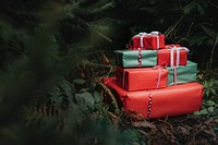 Christmas present boxes under pine trees and bushes