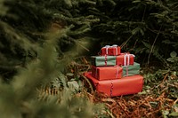 Christmas gift boxes under pine trees and bushes