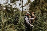 Man showing how he trim a Christmas tree to another man at a Christmas tree shop 