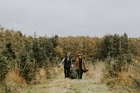 Two men hauling a Christmas tree back home 