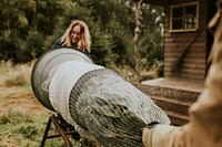 Man and woman wrapping a Christmas tree using the tube machine at a Christmas tree farm 