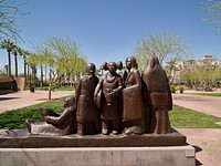 Artist Doug Hyde&#39;s 1999 &quot;Intertribal Greeting&quot; broze sculpture at the Heard Museum in Phoenix, Arizona, a private, not-for-profit museum dedicated to the advancement of American Indian art.