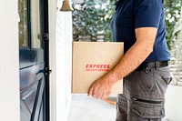 Parcel box mockup, package delivery man at the doorstep psd