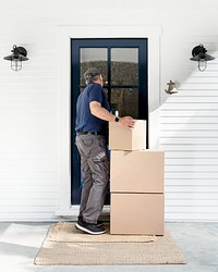 Delivery service man, stacked parcel boxes image with job concept