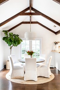 Rustic dining room interior, exposed beams ceiling design