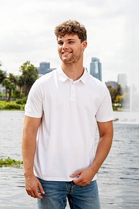 Man in white polo shirt, men’s summer apparel fashion