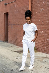 Woman in white outfit, streetwear fashion