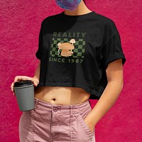 Women’s crop top mockup psd, black design, casual wear fashion