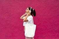 Woman with white tote bag, grocery shopping eco product