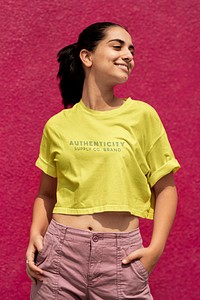 Crop top mockup psd, yellow design, women’s casual wear fashion