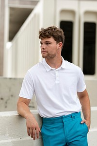 Man in white polo shirt, men’s summer apparel fashion