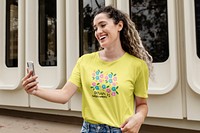 Tee mockup psd, yellow design, women’s casual wear fashion