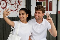 Couple taking selfie, minimal apparel fashion design