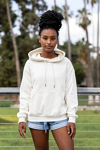 Woman in white hoodie casual wear fashion