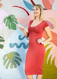 Dress mockup, customizable psd apparel worn by happy blond woman with a smartphone