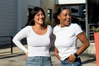 Happy friends plain white tee, confident women pose