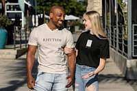 Casual tshirt mockup, customizable psd, couple enjoying dating in urban scene