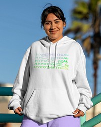 Cool hoodie mockup, customizable psd streetwear, Latina woman by the Venice beach