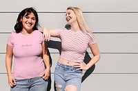 Casual tshirt mockup psd, happy women friends hanging out, outdoors summer shoot