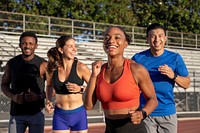 Friends jogging together, group of runners