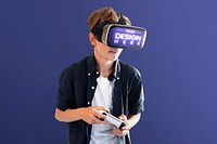 VR headset mockup psd, boy playing game, entertainment technology