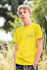 Yellow tee mockup psd, boy’s apparel fashion