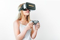 VR headset mockup psd, girl playing game, entertainment technology