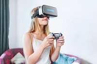 VR headset mockup psd, girl playing game, entertainment technology