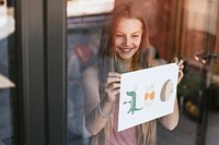 Sign mockup psd, girl showing paper through glass window, animal image