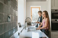 Kids washing dishes, basic house chores