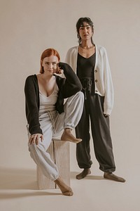 Women wearing black and white lounge wear