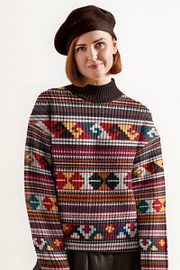 Women's autumn sweater mockup, beret hat design psd