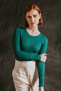 Woman in green long sleeve, autumn apparel fashion design