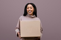 Happy woman holding delivery box psd